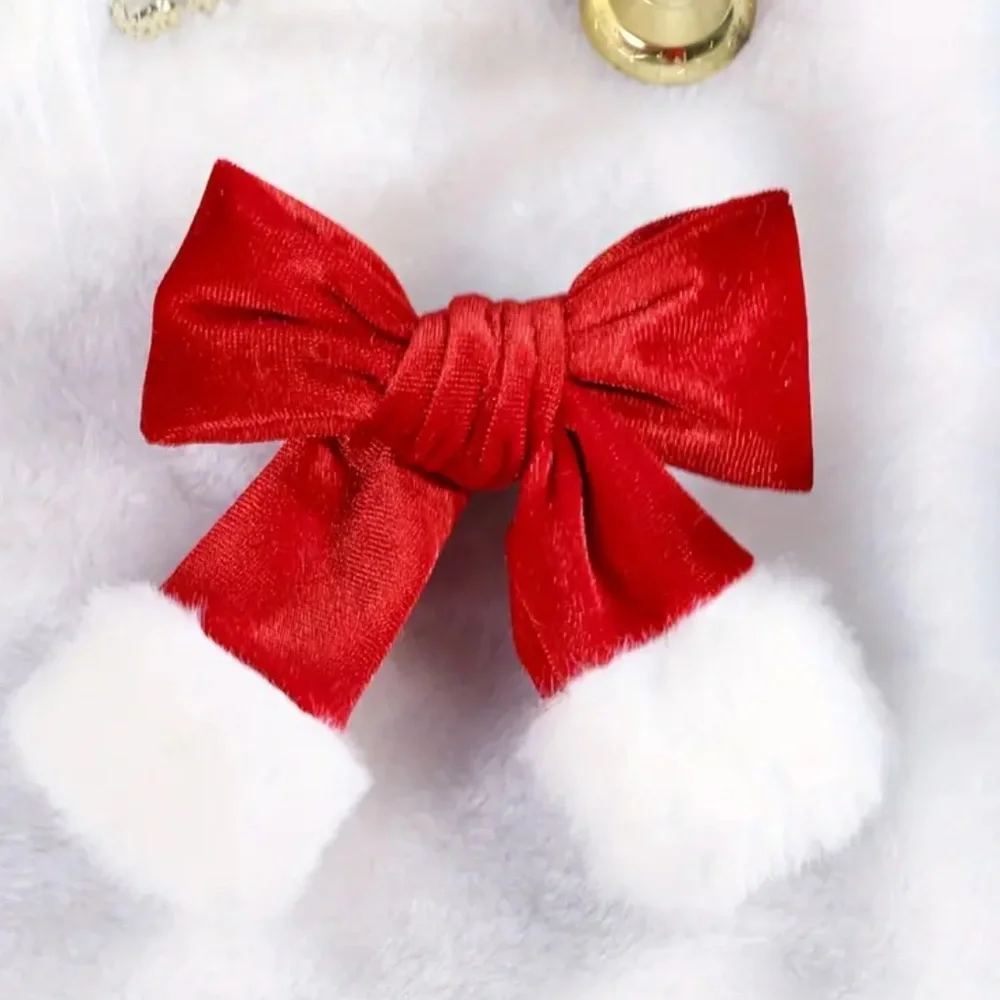 Vintage Plush Christmas Bow Hair Clip - NEW